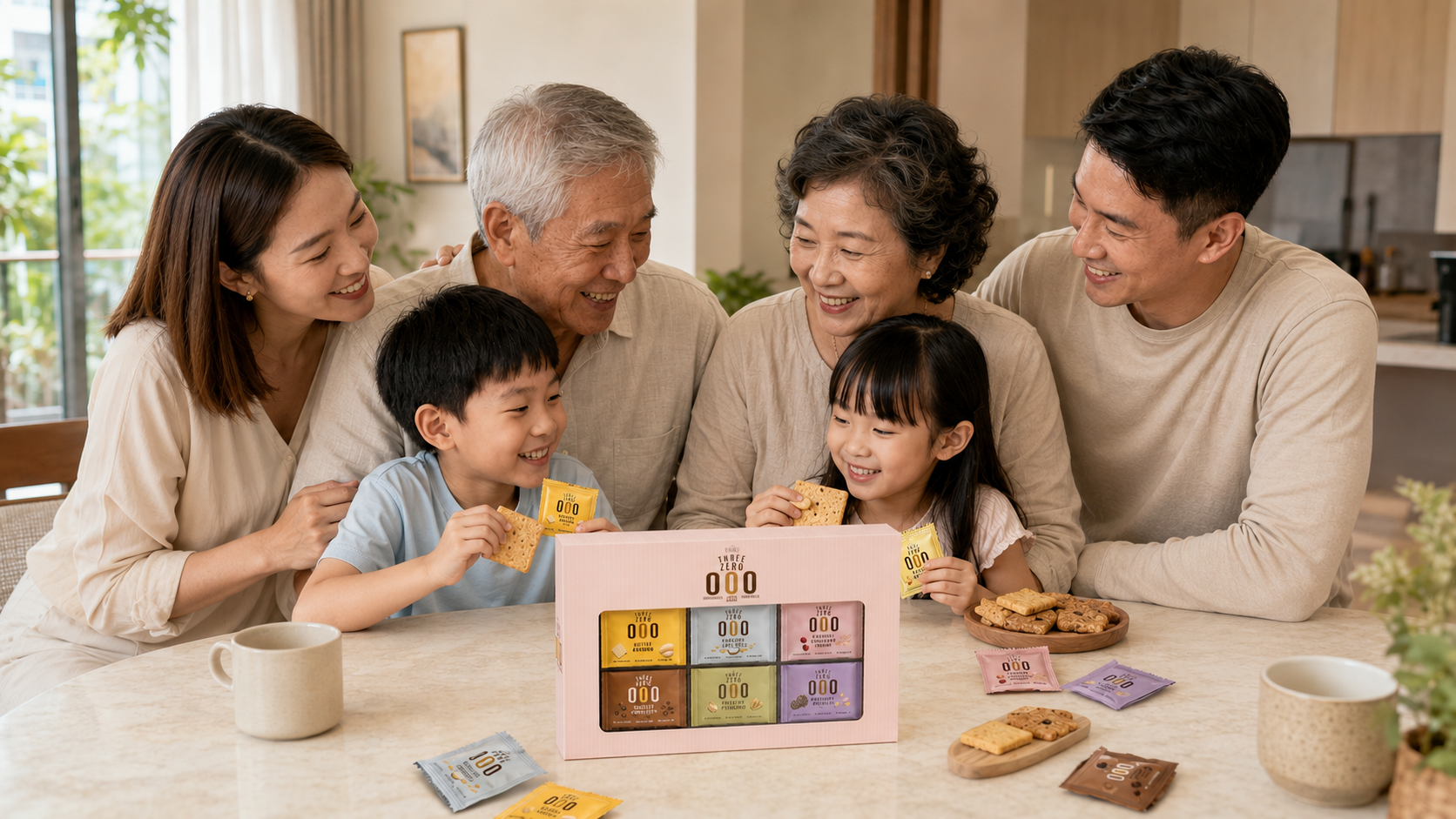 Grandparents centred behind two children, with their parents gathered around them, enjoying Three Zero cookies together
