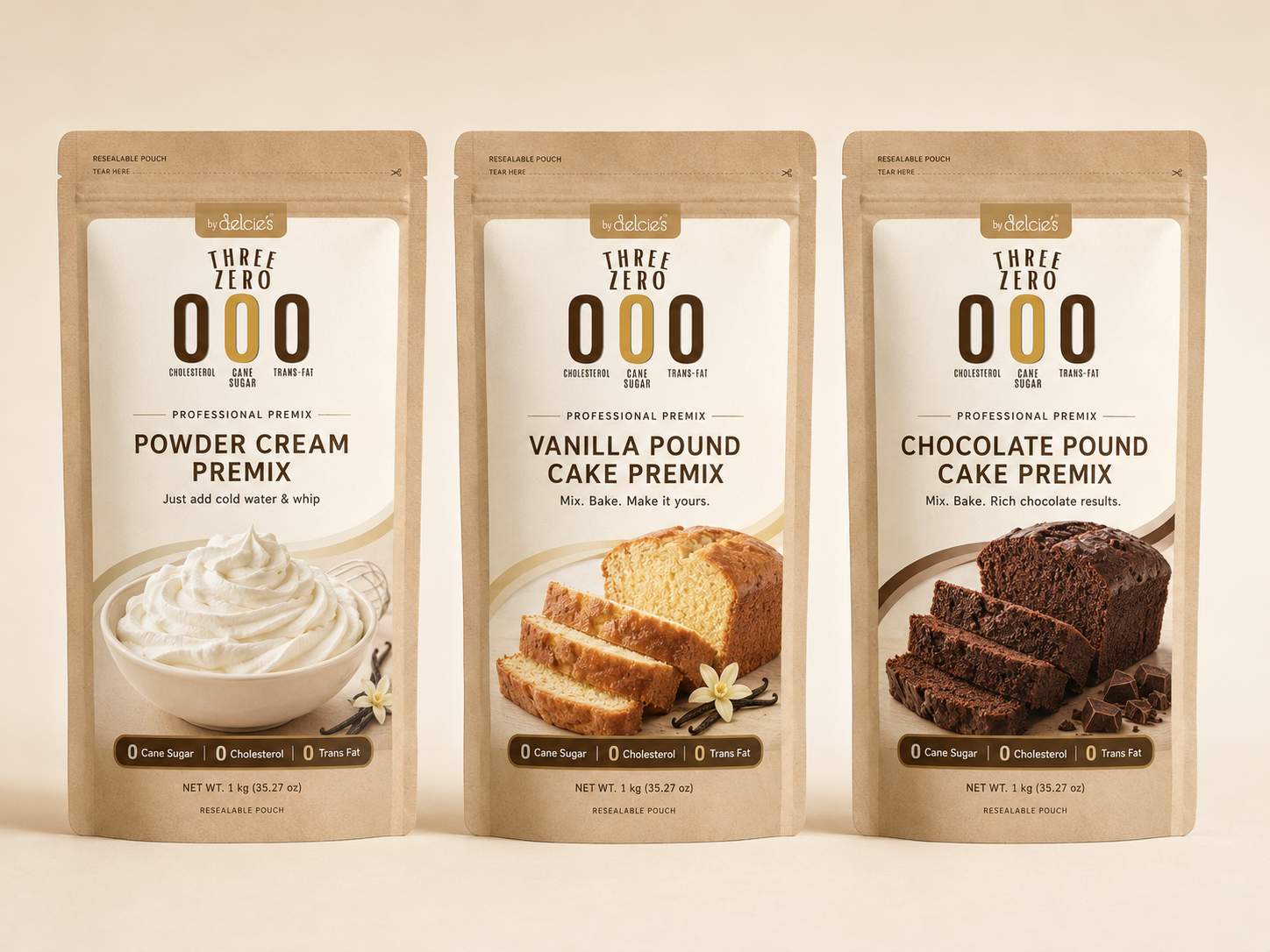 Three Zero Powder Cream, Vanilla Pound Cake and Chocolate Pound Cake professional premixes